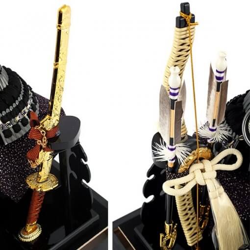 Samurai helmet for sale, Kobu model, details of accessories: Katana Samurai sword and bow