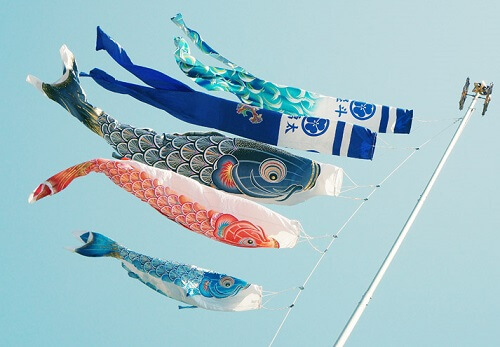Koinobori, traditional Japanese fish flag set. Classic Koi fish design,  symbol of Japan. Isolated vector clip art il…