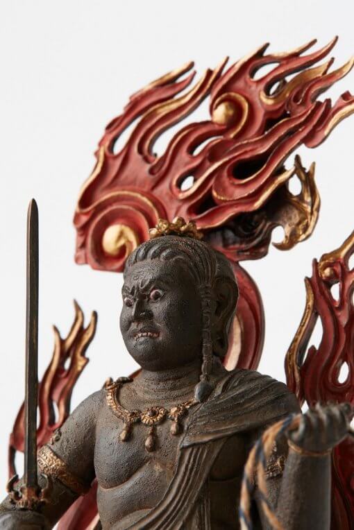 Buddha Statue for sale, Acala / Fudo Myo-oh palm-sized, details of face and back side fire