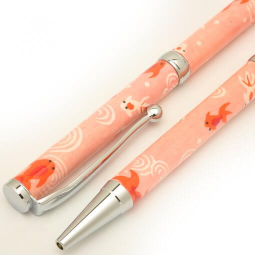 Handmade Ballpoint Pen made in Japan, Mino Washi Japanese paper series, premier quality, Kingyo pattern pink, details