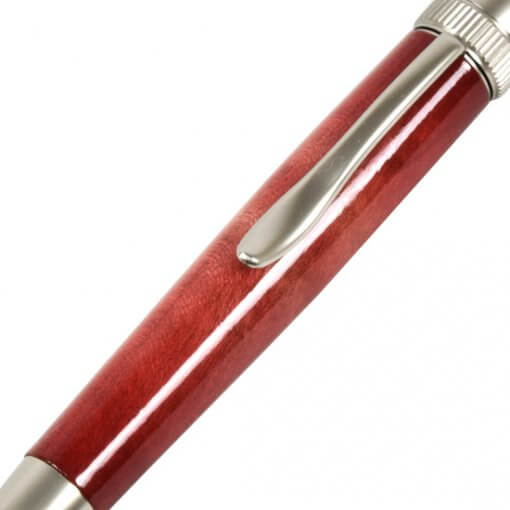 Handmade Ballpoint Pen made in Japan, Sunburst Painted Wood Pen Series, Type-P Candy colors, Curly Maple - Red, details of pen body