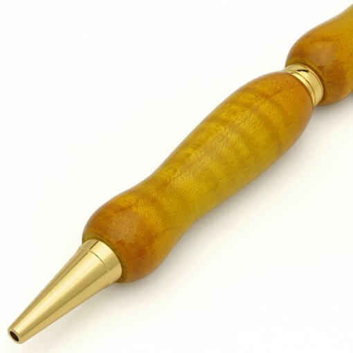 Handmade Ballpoint Pen made in Japan, Sunburst Painted Wood Pen Series, Curly Maple, Yellow, details of pen body