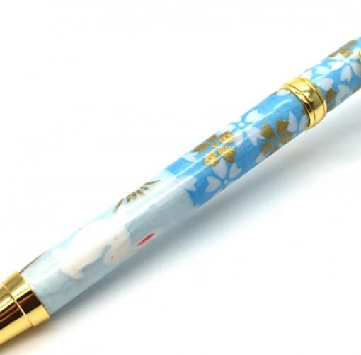 Handmade Ballpoint Pen made in Japan, Mino Washi Japanese paper series, Ichimatsu Blue, details of pen body