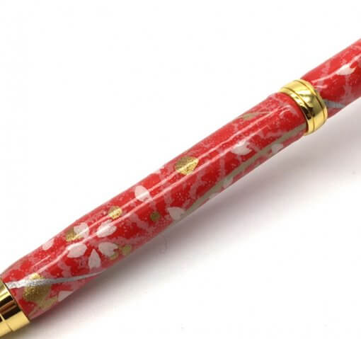 Handmade Ballpoint Pen made in Japan, Mino Washi Japanese paper series, Sakura Red, details of pen body