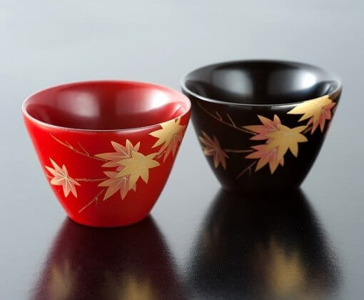 japanese lacquerware for sale, urushi sake cup series, japanese maple leaves drawn pair cups