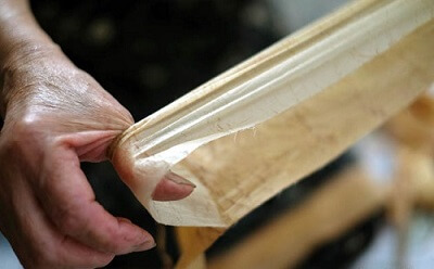 Japanese crafts Nibutani Bark Cloth, a making process of handling bark