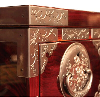 Japanese Iwayado Clothing Chest, metal fitting decoration on beautiful lacquer wood