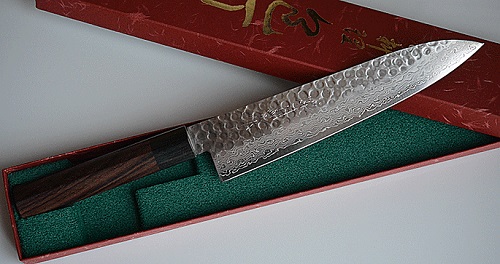 product example of Damascus chef knife made in Japan, sakai