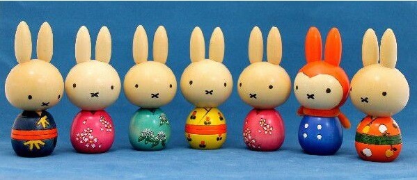 Japanese Traditional Wood Carving Dolls, Kokeshi, unique product of miffy rabit motif