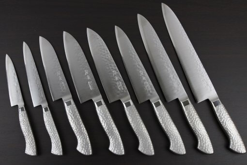 Japanese Chef Knife, Hammer Finish Series, full lineup of left-handed knives
