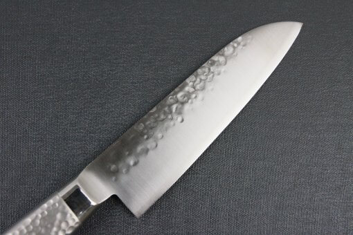 Japanese Chef Knife, Hammer Finish Series, Santoku multi-purpose knife 150mm left-handed, details of blade backside