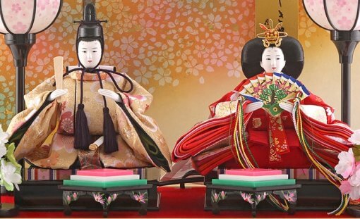 Hina dolls, a Japanese doll, compact size pair dolls set Miyuki (WHite), details of the emperor and the empress dolls