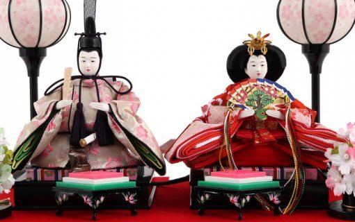 Hina dolls, a Japanese doll, compact size pair dolls set Miyuki (Red), details of the emperor and the empress dolls