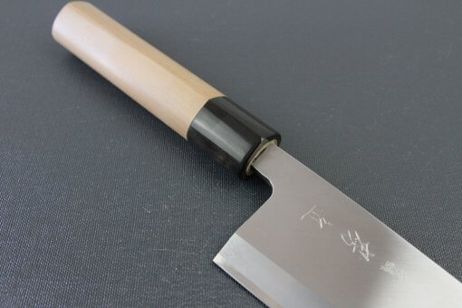 Japanese professional chef knife, Deba fillet knife, steel 180mm, diagonal front view