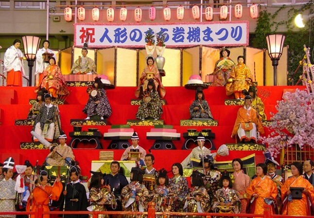 Iwatsuki Japanese dolls, a Japanese traditional crafts, jumbo Hina doll stage where people wearing trad cloths