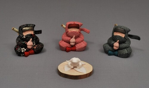 Edo Sekku Dolls, a Japanese Traditional Craft of Tokyo, three Ninja dolls with a frog