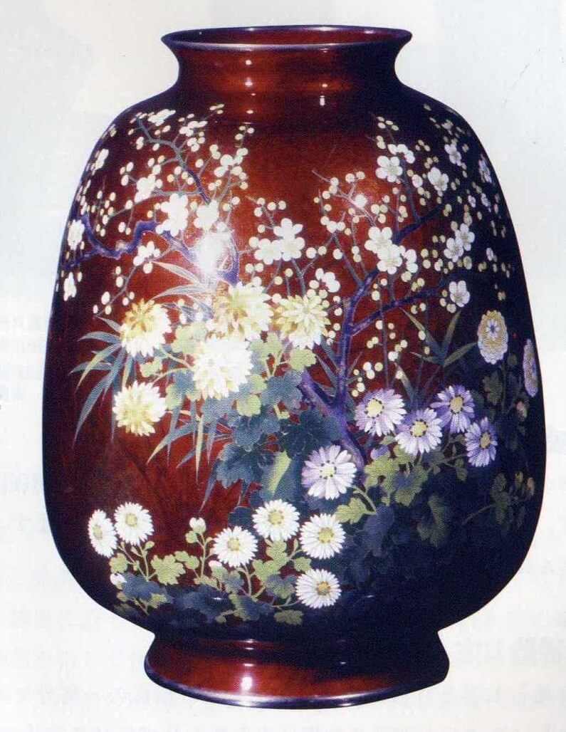 Owari Shippo ‘Seven Treasures’ Cloisonné Metalwork, a Japanese traditional craft, luxury flower vase (red)