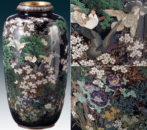 Owari Shippo ‘Seven Treasures’ Cloisonné Metalwork, a Japanese traditional craft, luxury flower vase details (black)