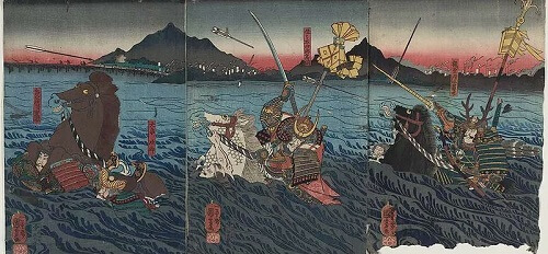 Ukiyoe, Japanese woodblock print, Ujii river war held in Boston museum