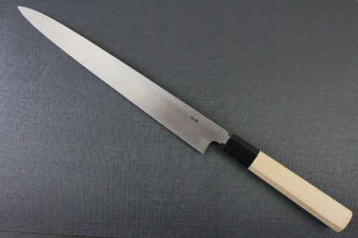 Japanese professional chef knife, Yanagiba sushi knife, steel 300mm, backside entire view