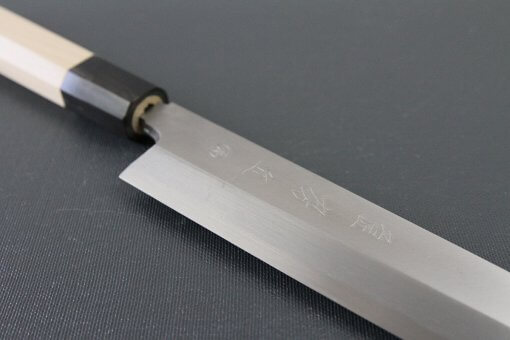 Japanese professional chef knife, Yanagiba sushi knife, steel 300mm, details of joint part of blade and handle