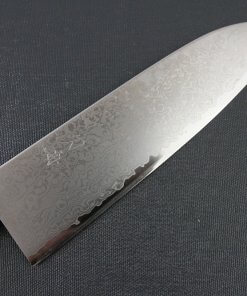 Toshu Santoku multi-purpose Japanese chef's knife, mahogany handle, details of blade front side
