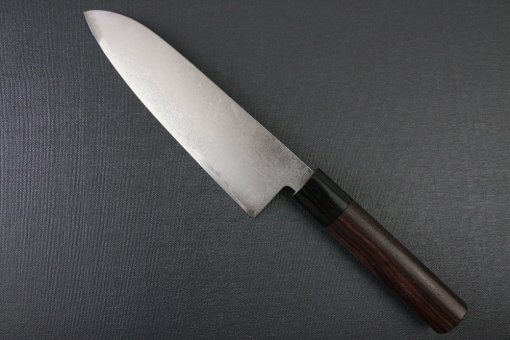 Toshu Santoku multi-purpose Japanese chef's knife, mahogany handle, backside entire view