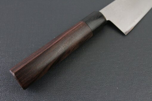 Toshu Santoku multi-purpose Japanese chef's knife, mahogany handle, details of handle