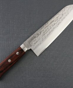 Toshu Santoku multi-purpose Japanese chef's knife, hammered finish blade and mahogany handle, entire view