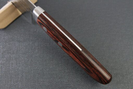 Toshu Santoku multi-purpose Japanese chef's knife, hammered finish blade and mahogany handle, handle top view