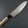 Toshu Santoku multi-purpose Japanese chef's knife, damascus blade and traditional wood handle, entire front view