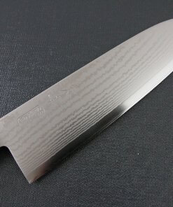Toshu Santoku multi-purpose Japanese chef's knife, damascus blade and traditional wood handle, details of blade front side