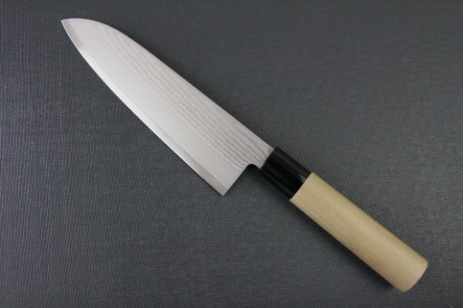 Toshu Santoku multi-purpose Japanese chef's knife, damascus blade and traditional wood handle, backside entire view