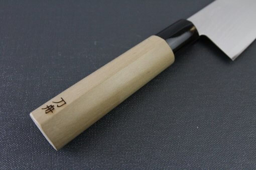 Toshu Santoku multi-purpose Japanese chef's knife, damascus blade and traditional wood handle, details of handle