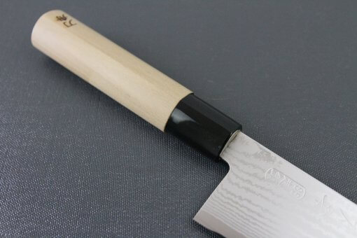 Toshu Santoku multi-purpose Japanese chef's knife, damascus blade and traditional wood handle, diagonal front view
