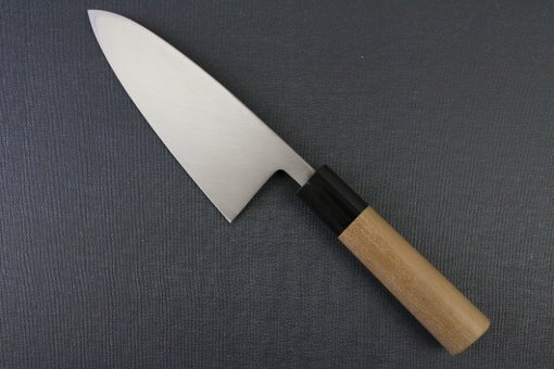 Japanese professional chef knife, Deba fillet knife, stainless steel 150mm, backside entire view