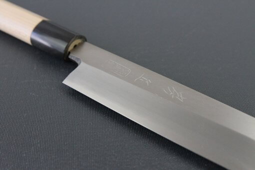 Japanese professional chef knife, Yanagiba Sushi knife, stainless steel 270mm, details of joint part of handle and blade
