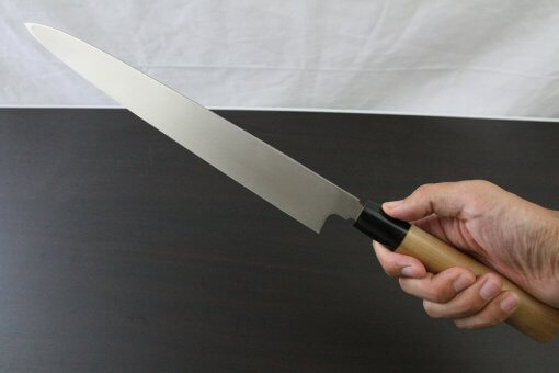 Japanese professional chef knife, Yanagiba Sashimi knife, stainless steel 300mm, backside entire view