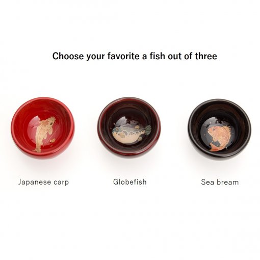 Wajima lacquerware sake cups, three kinds of fish drawings