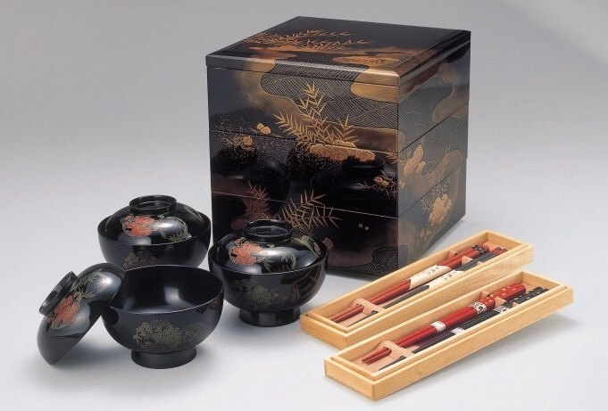 Wajima-nuri Lacquerware, a Japanese craft and art, soup bowls and multi-layer bento box with chop sticks