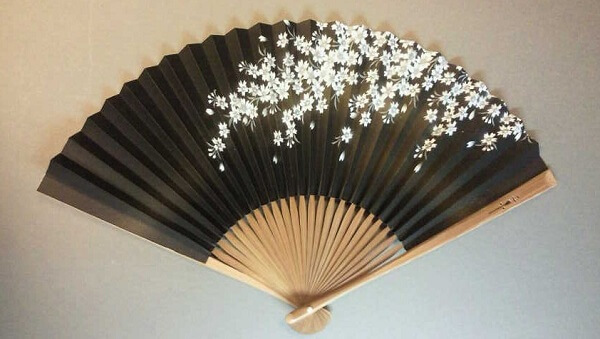 Kyoto Folding Fan, a Japanese traditional craft, black fan with flower drawing