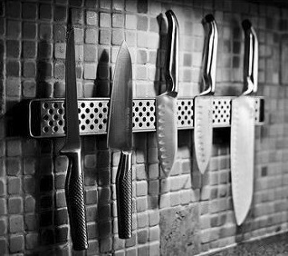 Japanese chef knives, several knives hanged on a wall