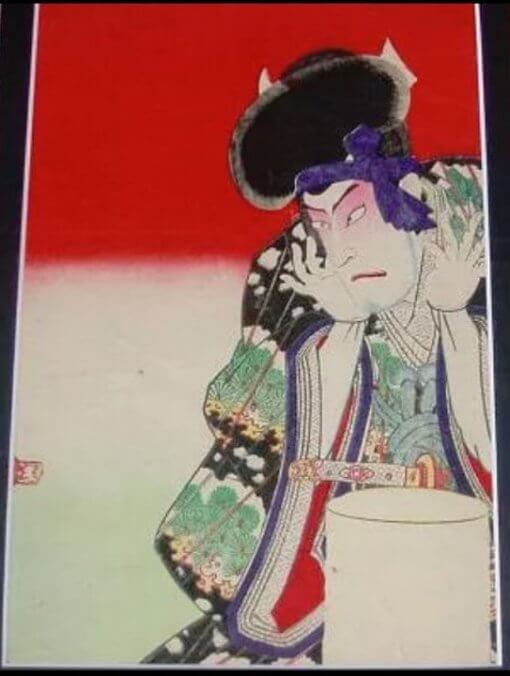 Ukiyo-e woodblock print by a famous Ukiyo-e artist Toyohara kunichika, Terakoya kubi jikken no ba, 2/3