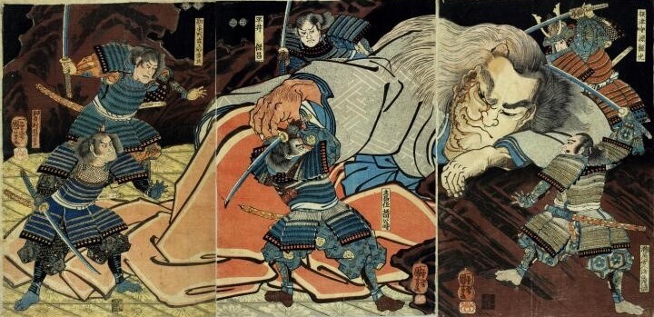 A legendary Japanese sword, national treasure Dojigiri Yasutsuna, Ukiyo-e depicting the sword's story