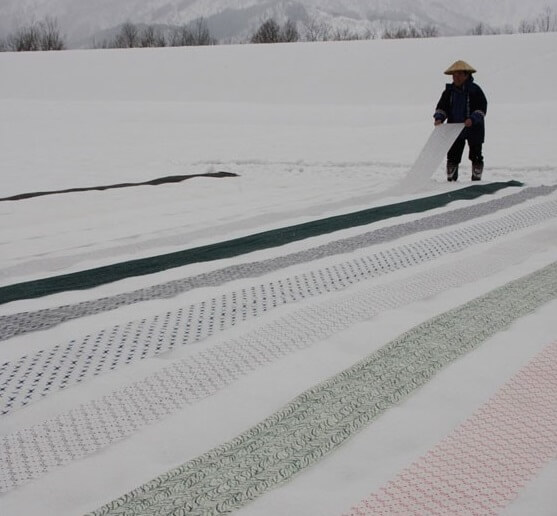 Kimono, Japanese traditional cloth, making fabric in snow field