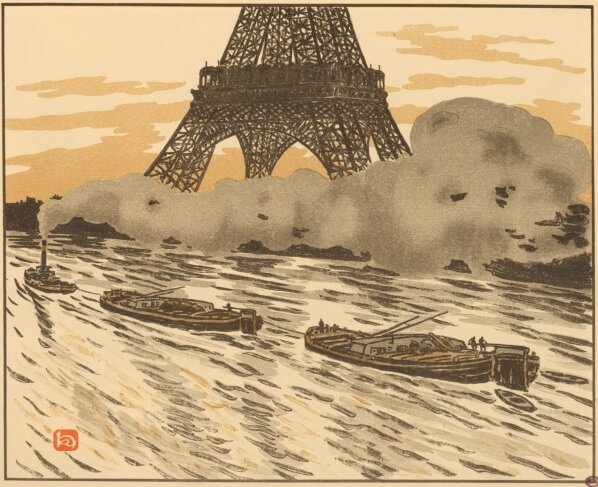 a Ukiyo-e woodblock print of Paris, Effel Tower