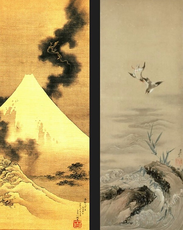 Japanese artistic woodblock print, Ukiyo-e, drawings by Hokusai in his age of 80-90