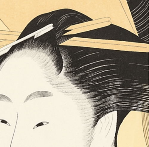 Bijin-ga, Ukiyo-e of beautiful woman, by Kitagawa Utamaro, details of hair