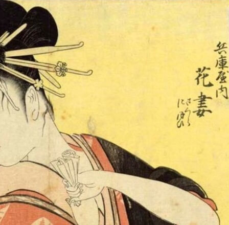 Bijin-ga, Ukiyo-e of beautiful woman, by Kitagawa Utamaro, details of background