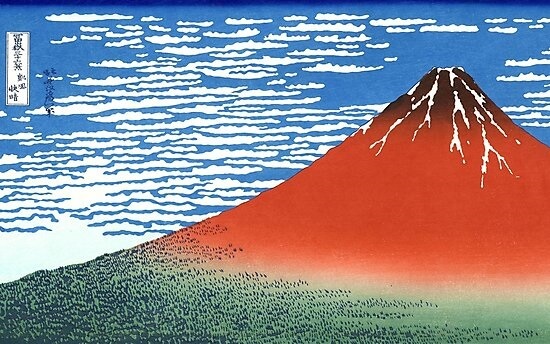 famous Ukiyo-e of red Mt. Fuji by Hokusai